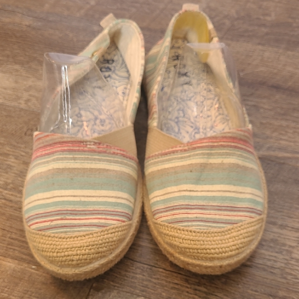 ROXY Size 8.5 Teal Cream Striped Espadrille Flat Slip On Shoes